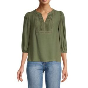 Nanette Lepore Crochet Detail Split Neck Top Size Small NWT Martini Olive Green